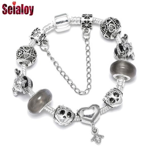 charm bracelets seialoy fashion silver color shiny flower skull beaded love heart bee for women men original bracelet gifts, Golden;silver